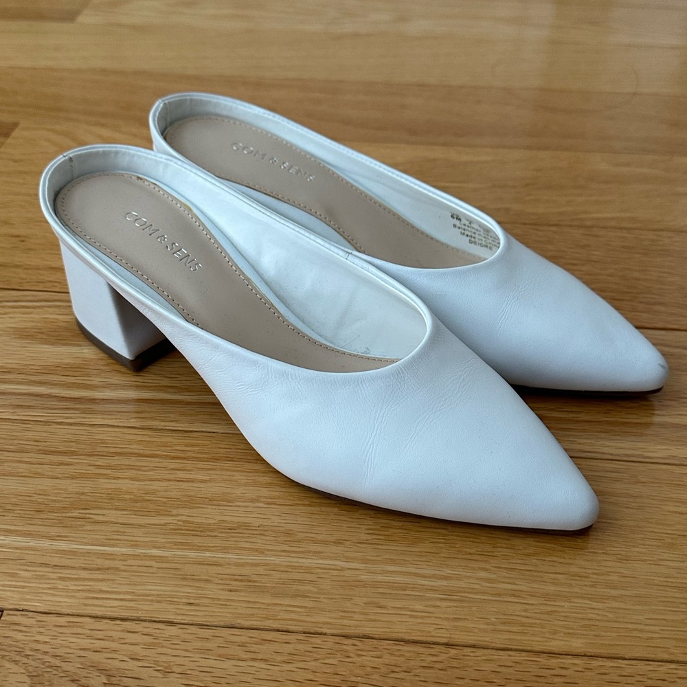 White Mules with Pointed Toe and Low Block Heel